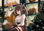  1girl ahoge baguette bakery basket black_thighhighs blurry blurry_foreground blush boros_(ouro_kronii) bread breasts brown_corset brown_eyes brown_hair bush cleavage cleavage_cutout clothing_cutout corset croissant feather_hair_ornament feathers food food_in_mouth friend_(nanashi_mumei) gloves hair_ornament hairclip highres higure15214341 hololive hololive_english long_hair looking_at_viewer medium_breasts melon_bread mouth_hold multicolored_hair nanashi_mumei open_mouth partially_fingerless_gloves pleated_skirt ponytail red_skirt shirt shop skirt streaked_hair thigh_strap thighhighs toast toast_in_mouth very_long_hair virtual_youtuber white_shirt 
