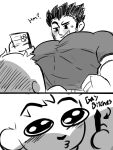  2boys ace_(acethegaymer) artist_self-insert awestruck bara beard_stubble blush chibi english_text from_below greyscale highres holding holding_pen large_pectorals lucas_lee male_focus meme monochrome multiple_boys muscle_awe muscular muscular_male pectorals pen pleading_eyes raised_eyebrow scott_pilgrim_takes_off seductive_smile shirt short_hair short_sleeves sibi2028_boob_shadow_(meme) smile solid_oval_eyes t-shirt thick_eyebrows tight_clothes tight_shirt upper_body yaoi 