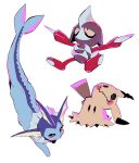  brown_eyes claws closed_mouth commentary_request fins highres looking_up luckyland1985 mimikyu no_humans pawniard pokemon pokemon_(creature) simple_background vaporeon white_background yellow_eyes 
