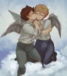  alfredo_martini angel blonde_hair brown_hair closed_eyes cloud cloudy_sky dress_shirt duck_etc highres hug kiss kissing_cheek kneeling long_sleeves pants parted_lips romeo_(romeo_no_aoi_sora) romeo_no_aoi_sora shirt shirt_tucked_in sitting sky smile white_shirt wings world_masterpiece_theater yaoi 