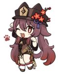  1girl :3 blush boater_hat brown_coat brown_hair brown_headwear brown_shorts chibi coat genshin_impact hair_flaps highres hu_tao_(genshin_impact) long_hair long_sleeves low_twintails marimo_jh one_eye_closed open_mouth paw_pose shorts simple_background smile socks solo twintails very_long_hair white_background white_socks 