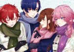  2boys 2girls adjusting_scarf asahina_yui black_gloves blue_coat blue_eyes blue_hair brown_eyes brown_gloves brown_hair closed_eyes coat crossed_arms gloves green_scarf grey_scarf kousaka_rei kujo_sakuya la_corda_d&#039;oro la_corda_d&#039;oro_starlight_orchestra long_hair multiple_boys multiple_girls pink_hair pink_scarf polka_dot polka_dot_background purple_scarf red_hair ryuzaki_hayate scarf short_hair upper_body urushidayo yellow_eyes 