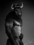  abs andreas_(apis_ger) anthro backwards_baseball_cap backwards_hat baseball_cap beard bgn biceps bison black_and_white bovid bovine clothing eyes_closed facial_hair flaccid fur genitals hat headgear headwear horn male mammal monochrome muscular muscular_anthro muscular_male nipples nude pecs penis simple_background smile solo 