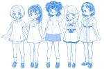  5girls :o akagi_miria arms_at_sides arms_behind_back belt blue_theme blush bow buttons collared_dress collared_shirt dress forehead fukuyama_mai full_body hair_bow hair_ornament hair_scrunchie hairclip happy highres idolmaster idolmaster_cinderella_girls idolmaster_cinderella_girls_u149 loafers long_hair looking_at_viewer medium_hair monochrome multiple_girls neckerchief open_mouth ponytail puffy_short_sleeves puffy_sleeves ribbon ryuzaki_kaoru sasaki_chie scrunchie shirt shoes short_dress short_hair short_sleeves simple_background sketch skirt smile socks standing teeth two_side_up ukokkei upper_teeth_only white_background yusa_kozue 