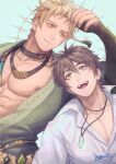  2boys abs bare_pectorals blonde_hair blue_background brown_eyes brown_hair character_request closed_mouth diamond_necklace jewelry long_sleeves male_focus multiple_boys necklace nipples nu_carnival open_mouth orange_eyes pectorals quincy_(nu_carnival) smile zawar379 