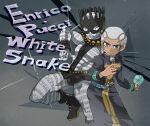  2boys black_eyes cassock character_name chibi dark-skinned_male dark_skin enrico_pucci holding_cd jojo_no_kimyou_na_bouken jojo_pose multiple_boys nonono_nagata priest smile stand_(jojo) stone_ocean white_hair whitesnake_(stand) 