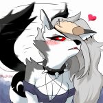  &lt;3 anthro breasts canid canid_demon collar demon female fur grey_body grey_fur grey_hair hair hellhound helluva_boss hi_res loona_(helluva_boss) mammal no2r0066 pentagram petting piercing red_eyes simple_background solo spiked_collar spikes tail tail_motion tailwag white_body white_fur 