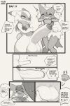  absurd_res anthro ball_grab balls big_balls big_breasts breasts comic duo english_text floragato generation_9_pokemon genitals hi_res kyurisawa male male/male meowscarada nintendo penis pokemon pokemon_(species) speech_bubble text 