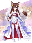  1girl absurdres animal_ear_fluff animal_ears bare_shoulders bell black_footwear blue_eyes blush brown_hair closed_mouth elbow_gloves fox_ears fox_girl fox_tail full_body gloves hair_bell hair_between_eyes hair_ornament highres horns iroha_(iroha_matsurika) japanese_clothes jingle_bell kimono long_hair obi original pigeon-toed sash see-through sleeveless sleeveless_kimono smile solo standing tabi tail thighhighs veil very_long_hair white_gloves white_kimono white_thighhighs zouri 