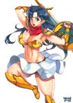  1girl abs armor armpits asou_yuuko bikini_armor blue_eyes blue_hair boots breasts cleavage f.s. gold_armor highres holding holding_sword holding_weapon knee_boots large_breasts long_hair metal midriff miniskirt mugen_senshi_valis navel red_scarf scarf shoulder_pads skirt solo sword valis vambraces warrior weapon 