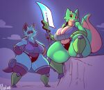  2023 anthro armor big_breasts breasts canid canine curvy_figure digital_media_(artwork) dragon duo female fox green_body green_scales hi_res huge_breasts huge_hips huge_thighs hybrid kiwi_(inkplasm) lizard looking_at_viewer mammal marilin_(inkplasm) melee_weapon plaga procyonid raccoon reptile scales scalie science_fiction thick_thighs weapon wide_hips 