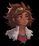  1girl black_background brown_hair collarbone cropped_shoulders dark-skinned_female dark_skin estyy freckles hair_ornament highres league_of_legends looking_to_the_side red_eyes shiny_skin smile solo taliyah 