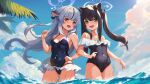  2girls absurdres animal_ear_fluff animal_ears black_hair black_one-piece_swimsuit blue_archive blue_halo blue_one-piece_swimsuit blue_sky breasts casual_one-piece_swimsuit cloud covered_navel day extra_ears green_eyes grey_hair halo highres jamgom kokona_(blue_archive) long_hair multicolored_hair multiple_girls ocean one-piece_swimsuit open_mouth outdoors partially_submerged red_eyes shun_(blue_archive) shun_(small)_(blue_archive) sky small_breasts standing streaked_hair swimsuit tiger_ears tiger_girl twintails very_long_hair 