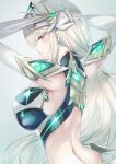  1girl arms_behind_head arms_up back backless_dress backless_outfit bare_shoulders blonde_hair blush breasts cleavage_cutout clothing_cutout dress earrings elbow_gloves gem gloves inoue_takuya_(tactactak) jewelry large_breasts long_hair looking_at_viewer looking_back mythra_(xenoblade) sidelocks simple_background solo swept_bangs tiara white_background white_dress white_gloves xenoblade_chronicles_(series) xenoblade_chronicles_2 yellow_eyes 