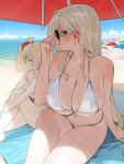  2girls adjusting_eyewear ahoge beach_umbrella bikini blue_sky breasts cleavage closed_eyes closed_mouth cloud cloudy_sky crotch_seam day florida-chan_(ryusei_hashida) hair_ornament hair_scrunchie half-closed_eyes highres knee_up large_breasts long_hair looking_at_viewer miami-chan_(ryusei_hashida) multiple_girls navel original outdoors red_scrunchie ryusei_hashida sand scrunchie shade sky smile sunglasses swimsuit thighs umbrella white_bikini 