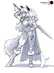 2023 5_fingers anthro armor barbarian boots bracers breasts canid canine canis claws clothed clothing facial_markings female finger_claws fingers footwear fur hair head_markings hi_res humanoid_hands leg_markings magolobo mammal markings melee_weapon raksha_(magolobo) signature solo standing sword thigh_markings weapon wolf 