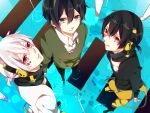  3boys aqua_background arms_at_sides arrow_(symbol) arrow_print bad_id bad_pixiv_id black_footwear black_hair black_pants black_shirt blue_eyes buckle closed_mouth collared_shirt commentary crosswalk dark_konoha dark_persona from_above full_body green_sweater headphones hisame kagerou_project kokonose_haruka konoha_(kagerou_project) layered_clothes long_sleeves looking_at_viewer looking_up male_focus mekakucity_actors mole mole_under_eye multiple_boys neck_warmer pants parted_lips pink_eyes ripples school_uniform shirt shoes short_hair short_ponytail smile splatter_background standing sweater wading white_hair white_shirt yellow_pants 