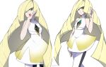  1girl :d blonde_hair blunt_bangs commentary diamond_(shape) dress gem green_eyes green_gemstone hand_up highres leggings long_hair lusamine_(pokemon) multiple_views open_mouth plumsmoke pokemon pokemon_(game) pokemon_sm short_dress signature sleeveless sleeveless_dress smile very_long_hair white_background white_dress 