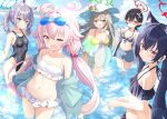  5girls :d ahoge animal_ear_fluff animal_ears aruka_(alka_p1) ayane_(blue_archive) ayane_(swimsuit)_(blue_archive) ball bare_arms bare_shoulders beachball bikini bikini_under_clothes black_bikini black_hair black_one-piece_swimsuit blue-tinted_eyewear blue_archive blue_jacket blue_shorts blue_sky blush breasts brown_eyes brown_hair closed_mouth cloud cloudy_sky commentary_request covered_navel day eyewear_on_head front-tie_bikini_top front-tie_top green_eyes grey_hair hair_bobbles hair_ornament halo highres holding holding_ball hoshino_(blue_archive) hoshino_(swimsuit)_(blue_archive) jacket large_breasts long_hair long_sleeves low_twintails medium_breasts multiple_girls navel nonomi_(blue_archive) nonomi_(swimsuit)_(blue_archive) ocean official_alternate_costume one-piece_swimsuit open_clothes open_jacket orange_eyes outdoors pink_hair puffy_long_sleeves puffy_sleeves red_eyes serika_(blue_archive) serika_(swimsuit)_(blue_archive) shiroko_(blue_archive) shiroko_(swimsuit)_(blue_archive) short_shorts shorts sky sleeves_past_wrists smile striped striped_bikini sunglasses swimsuit tablet_pc tinted_eyewear twintails very_long_hair water white_bikini white_jacket yellow_bikini 