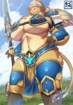  absurd_res anthro armor big_breasts blizzard_entertainment blonde_hair blush bovid bovine breasts female fur hair hand_on_hip hi_res holding_object horn kikunoya looking_at_viewer mammal melee_weapon outside polearm skimpy_armor sky slightly_chubby solo standing tauren unconvincing_armor warcraft weapon yellow_body yellow_fur yewle_scorchedhoof 