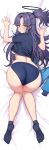  1girl all_fours areola_slip ariso_kaoru ass black_footwear blue_archive blue_jacket blush breasts closed_mouth clothes_lift dakimakura_(medium) full_body hair_intakes halo high_ponytail highres jacket knees_together_feet_apart lanyard large_breasts long_hair long_sleeves looking_at_viewer looking_back lying no_bra official_alternate_costume on_back open_clothes open_jacket parted_bangs raised_eyebrows shirt_lift shoes solo star_(symbol) sweat thighs track_jacket trefoil yuuka_(blue_archive) yuuka_(track)_(blue_archive) 