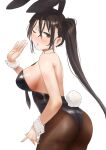  1girl animal_ears ass between_breasts black_hair black_leotard blush breasts brown_eyes brown_hair brown_pantyhose cowboy_shot highres kantai_collection leotard long_hair nachi_(kancolle) necktie necktie_between_breasts pantyhose playboy_bunny ponytail rabbit_ears side_ponytail smile solo strapless strapless_leotard toka_(marchlizard) very_long_hair white_background 