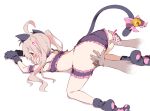  1girl ahoge animal_hands ass bell blush bow cat_lingerie cat_paws cat_tail commentary_request hands_on_ass highres long_hair matatabi_(2ccp) meme_attire on_floor onii-chan_wa_oshimai! oyama_mahiro spread_ass tail tail_bell tail_bow tail_ornament thigh_strap top-down_bottom-up translation_request twintails 