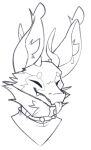  anthro big_ears black_and_white blep clothing collar doodlejuni dragon ears_up eyes_closed fur furred_dragon headshot_portrait horn juniper_(doodlejuni) male markings monochrome nardoragon neck_tuft portrait sketch solo spiked_collar spikes sweater teeth tongue tongue_out topwear tuft 