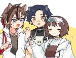  1girl 2boys :3 animal_ears apron arknights bandaid bandaid_on_face bandaid_on_nose black_shirt blue_eyes blue_hair blue_nails brown_apron brown_hair cat_boy cat_ears chibi closed_eyes closed_mouth commentary dog_boy dog_ears hair_ribbon holding holding_brush id_card jacket maguro_kan makeup_brush multicolored_hair multiple_boys nail_polish open_clothes open_jacket open_mouth otter_ears otter_girl parted_bangs red_nails red_ribbon ribbon roberta_(arknights) shirt short_hair stainless_(arknights) streaked_hair two-tone_background upper_body white_background white_jacket white_shirt windflit_(arknights) yellow_background yellow_eyes 