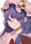  1girl absurdres bespectacled blunt_bangs book bow capelet crescent crescent_hat_ornament daimaou_ruaeru glasses hat hat_ornament highres long_hair looking_at_viewer mob_cap open_book patchouli_knowledge purple_eyes purple_hair red_bow round_eyewear simple_background solo touhou upper_body white_background 