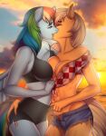  abs anthro applejack_(mlp) b7r676 blonde_hair blue_body blue_fur bottomwear bra breast_squish breasts clothing clothing_pull cutie_mark duo earth_pony equid equine eyes_closed feathered_wings feathers female female/female friendship_is_magic fur gym_bottomwear gym_clothing gym_shorts hair hand_on_butt hasbro hi_res horse hotpants kissing long_hair love mammal multicolored_hair muscular muscular_anthro muscular_female my_little_pony orange_body orange_fur pegasus pony purple_eyes rainbow_dash_(mlp) rainbow_hair romantic romantic_ambiance shirt shorts sports_bra squish story story_in_description sunset tied_shirt topwear underwear wings 