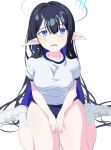  1girl bazz000033 black_hair blue_archive blue_buruma blue_eyes blue_hair blue_halo breasts buruma glasses gym_shirt gym_uniform halo highres large_breasts long_hair looking_at_viewer open_mouth pointy_ears rin_(blue_archive) shirt shoes short_sleeves simple_background sitting sketch sneakers socks solo wariza white_background white_footwear white_shirt white_socks 