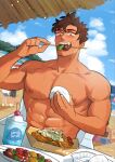  1boy abs bare_pectorals bars beach blush brown_hair collarbone eating food highres holding holding_food ice_cream kebab light_particles looking_at_food male_focus muscular muscular_male nipples onigiri original pasta pectorals sharktower32 sharp_teeth short_hair sweat teeth topless_male 