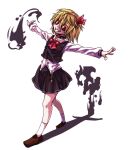  1girl black_skirt black_vest blonde_hair brown_footwear commentary darkness full_body hair_ribbon long_sleeves looking_at_viewer outstretched_arms red_eyes red_ribbon ribbon rumia shirt short_hair simple_background skirt socks solo sw_(stevew) touhou vest white_background white_shirt white_socks 