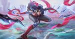  1girl absurdres armor black_hair blue_eyes bodysuit breasts closed_mouth day fighting_stance floating floating_object floating_sword floating_weapon flower hair_ornament highres irelia league_of_legends long_hair outdoors petals pink_flower qi_mang_(qimang) shoulder_armor sky sword very_long_hair water weapon 