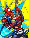  1boy belt cutiicosmo electric_guitar formal guitar highres holding holding_instrument instrument marvel mask music playing_instrument solo spider-man:_across_the_spider-verse spider-man_(series) spider-punk spikes suit vest 