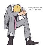  1boy black_footwear blonde_hair commentary english_commentary english_text formal full_body grey_jacket grey_pants grey_suit highres jacket long_sleeves male_focus mob_psycho_100 mp100days necktie own_hands_clasped own_hands_together pants pink_necktie reigen_arataka shoes simple_background sitting solo suit tumblr_sexyman_tournament white_background 