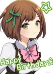  1girl arms_at_sides artist_name assault_lily bob_cut bow bowtie breasts brown_hair closed_mouth collared_shirt commentary corset green_eyes green_ribbon hair_ribbon happy_birthday hotaru_(ultraroly_poly) light_blush light_smile looking_at_viewer ludvico_private_girls&#039;_academy_school_uniform medium_breasts pink_bow pink_bowtie ribbon saeki_julia_karen school_uniform shirt short_hair simple_background solo star_(symbol) suspenders underbust upper_body white_background white_shirt 