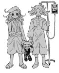  1girl 2boys angry bare_shoulders bigpukeshower blonde_hair blood blood_bag formal hand_in_pocket highres hinrigh_biganduffno holding holding_stuffed_toy holding_toy hunter_x_hunter intravenous_drip iv_stand long_hair long_sleeves looking_at_viewer lynch_fullbokko monochrome multiple_boys sandals short_hair simple_background striped_suit stuffed_toy suit toy white_background zakuro_custard 