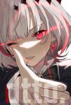  1girl aiming_at_viewer dtto. earrings finger_gun hievasp highres jewelry looking_at_viewer multicolored_hair pale_skin red_eyes red_hair ribbon scarz short_hair simple_background skull_ornament solo utaite_(singer) virtual_youtuber white_hair 