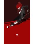 1boy 7wata_himori absurdres ball billiard_ball black_gloves black_shirt closed_mouth cue_stick diluc_(genshin_impact) genshin_impact gloves high_ponytail highres long_sleeves looking_at_viewer male_focus partially_fingerless_gloves red_background red_eyes red_hair red_theme shirt solo upper_body vest white_vest 