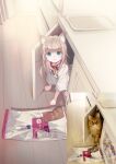  1girl 40hara :3 all_fours animal_collar animal_ears blunt_bangs cabinet cat cat_ears cat_girl collar green_eyes highres indoors kinako_(40hara) long_hair looking_at_viewer original personification pet_food photo-referenced red_collar reference_inset shirt t-shirt white_shirt 