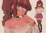  1girl absurdres alternate_costume breasts brown_thighhighs cafin collarbone freckles full_body glasses hand_up highres jewelry large_breasts league_of_legends multiple_views pencil_skirt pink_skirt ponytail ring round_eyewear shiny_skin skirt smile taliyah thighhighs twintails zettai_ryouiki 