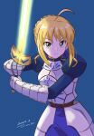  1girl absurdres ahoge armor armored_dress artoria_pendragon_(fate) blonde_hair breasts closed_mouth commentary dated dress excalibur_(fate/stay_night) fate/grand_order fate/stay_night fate_(series) gauntlets green_eyes hair_ribbon highres long_hair long_sleeves looking_at_viewer ribbon saber solo sword tsunemoku weapon 