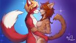  anthro auburn_hair blonde_hair brown_body brown_fur canid canine countershading dipstick_tail domestic_cat duo embrace eyes_closed felid feline felis female fox fur hair holding_butt holding_other hug kayla_angel male male/female mammal markings midlight_dragoon nose_to_nose nude red_body red_fur robin_tinderfox simple_background stripes tail tail_markings 