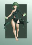  1girl absurdres artist_name barefoot black_background black_dress blood breasts closed_mouth covered_navel dated dress full_body gogo_(gogo_23) green_hair grey_background highres injury long_sleeves one-punch_man short_hair single_bare_shoulder small_breasts solo tatsumaki torn_clothes torn_dress translation_request 