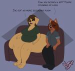  alex_(lonnyk) ambiguous_gender anthro big_breasts big_butt bird_dog bottomless breasts butt butt_squish canid canine canis cleavage clothed clothing domestic_dog duo english_text female furniture hand_on_butt hi_res huge_butt hunting_dog hyper hyper_butt labrador lani_(lonnyk) lonnyk mammal overweight overweight_female retriever shirt sofa squish t-shirt text topwear 