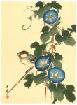  animal animal_focus animal_request bird bird_request blue_flower fine_art flower imao_keinen leaf morning_glory nihonga no_humans original plant traditional_media ukiyo-e yellow_background 