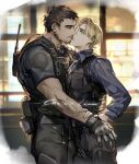  2boys bara beard brown_hair chris_redfield e_(h798602056) eye_contact facial_hair feet_out_of_frame from_side hand_on_another&#039;s_waist highres kiss leon_s._kennedy looking_at_another male_focus mature_male military military_uniform multiple_boys resident_evil resident_evil_4 resident_evil_4_(remake) short_hair stubble toned toned_male uniform veins veiny_arms window yaoi 