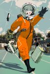  1girl absurdres astronaut blue_eyes bodysuit boots cloud day full_body gloves grey_hair helmet highres open_mouth original outdoors outstretched_arm polilla running science_fiction shadow solo space_helmet spacesuit tree 